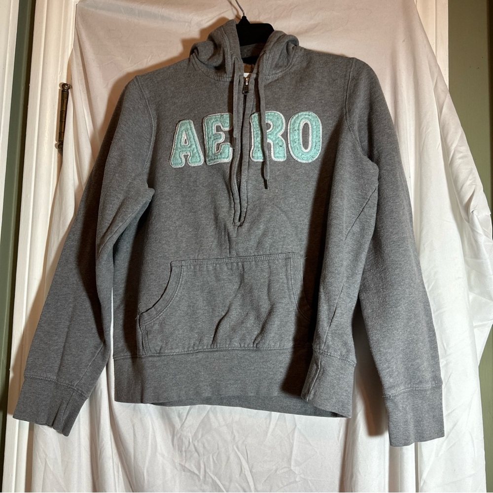 Aero Zip Youth Sz L Gray Teal 1/2 Zip Hoodie Sweatshirt